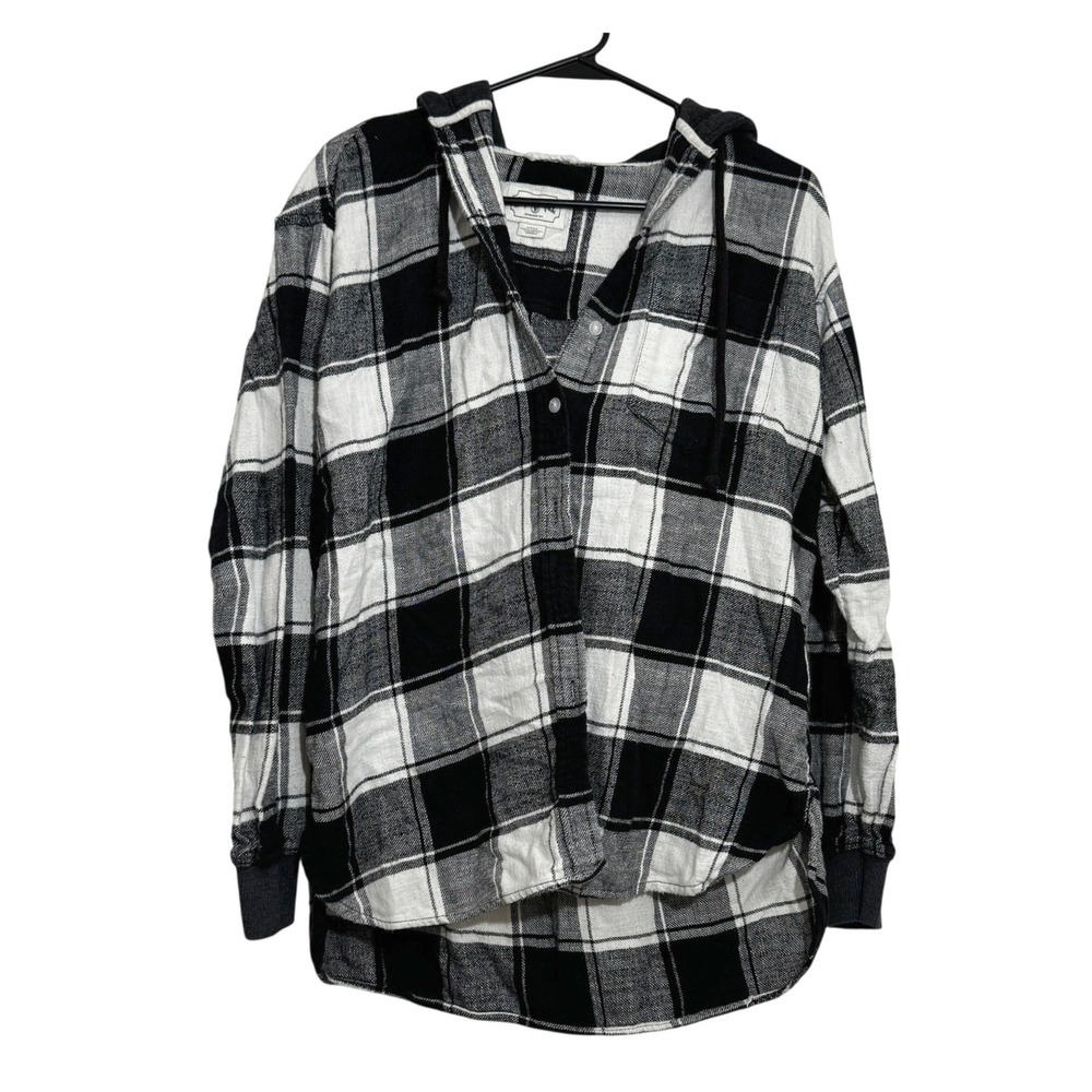 American Eagle Hooded Flannel Shirt Small Black White Plaid Button‎ Up Oversized